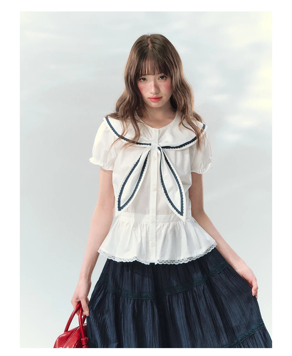 “Letter from Sea Isle” White & Navy Sailor Collar Blouse and Tiered Skirt Set