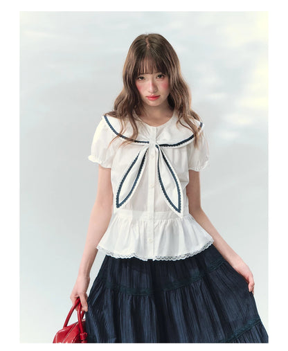 “Letter from Sea Isle” White & Navy Sailor Collar Blouse and Tiered Skirt Set