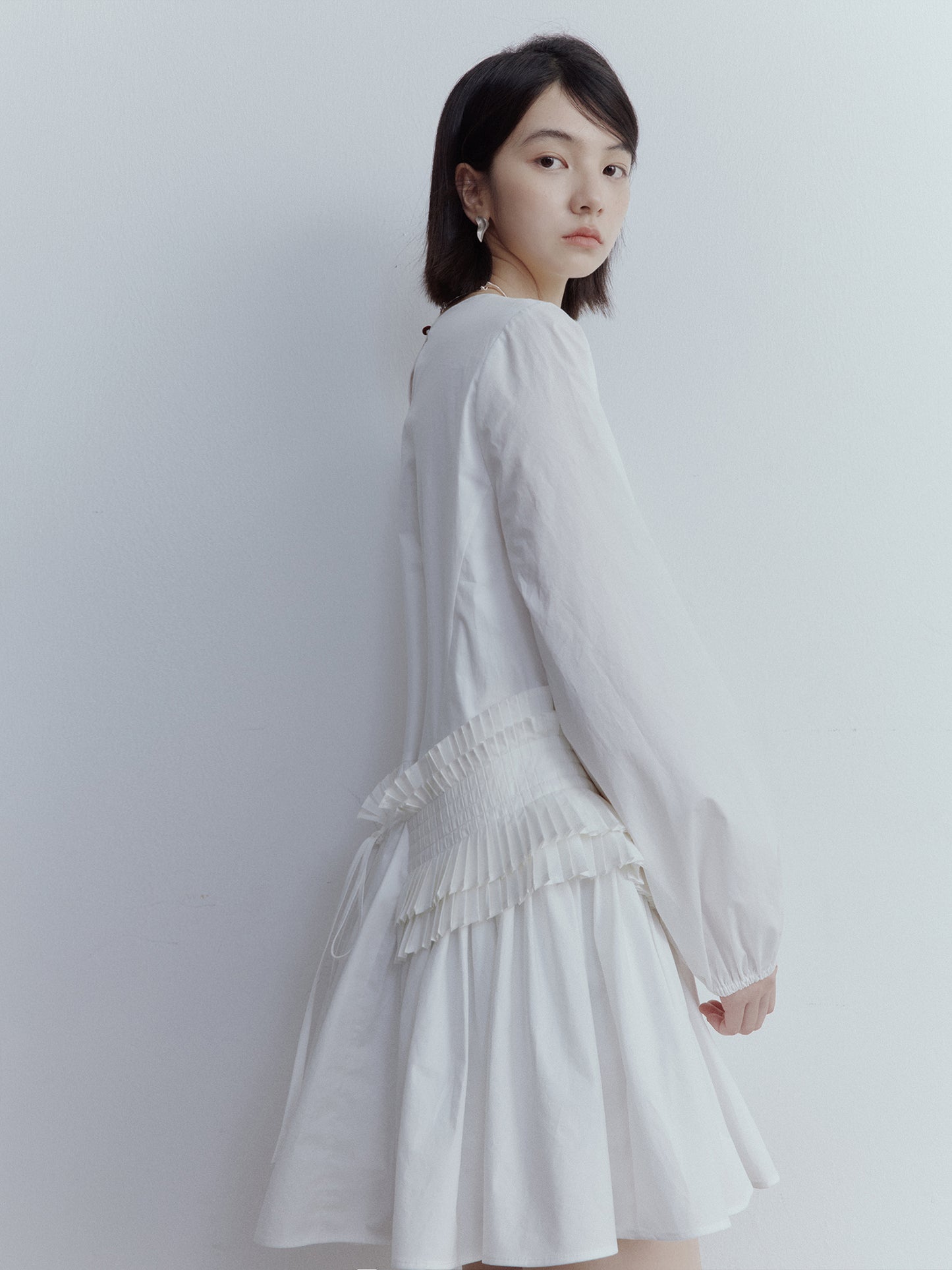 FUSSED Fragmented Dream Mist White Pleated Cotton Doll Dress FOF-25SS159a