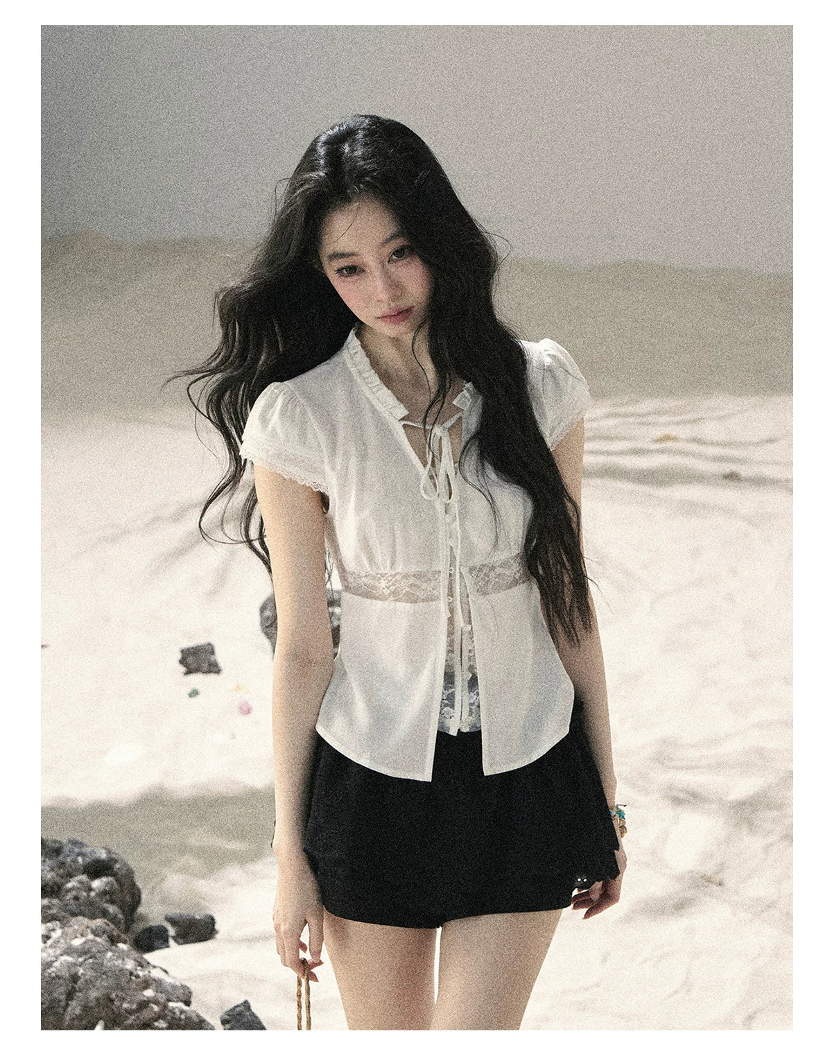 "Lace Between the Lines" Frost White Faux-Layer Cropped Shirt