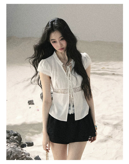 "Lace Between the Lines" Frost White Faux-Layer Cropped Shirt