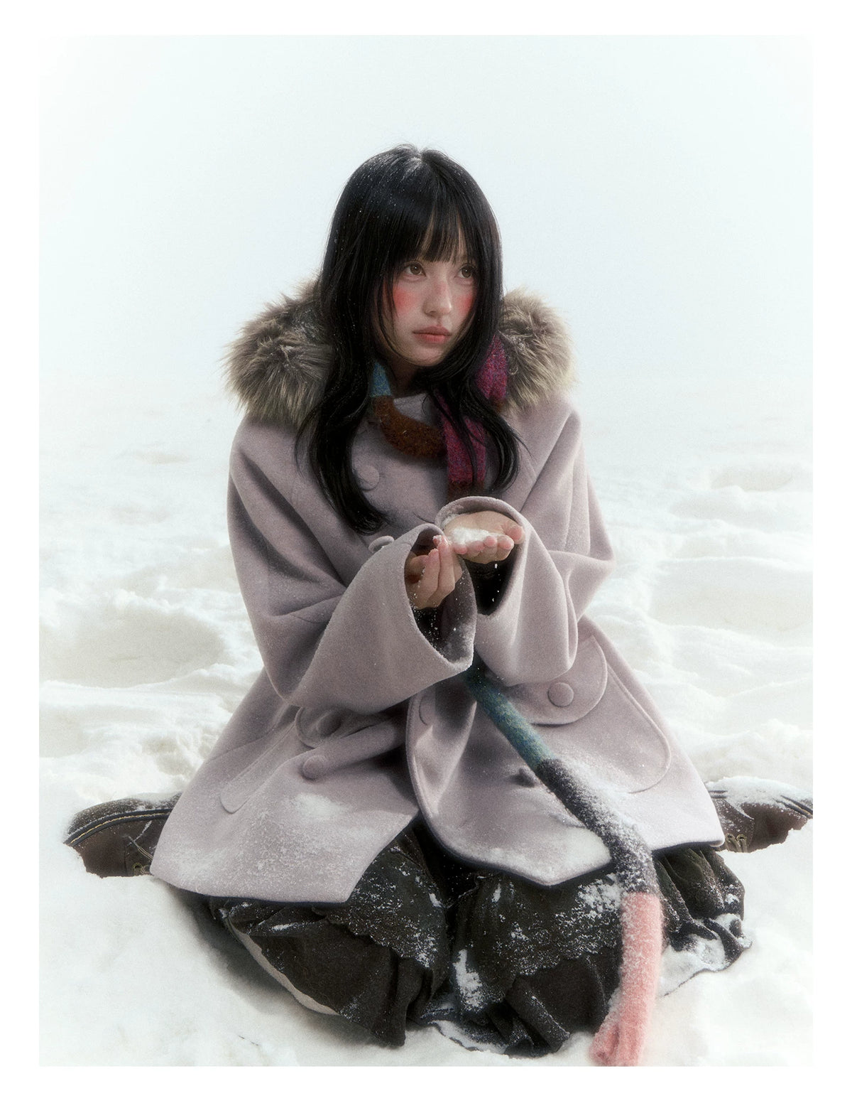 Japanese Hooded Double-Breasted Wool Coat (Deep Charcoal Gray / Taro Purple)