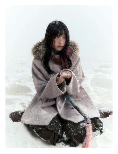 Japanese Hooded Double-Breasted Wool Coat (Deep Charcoal Gray / Taro Purple)