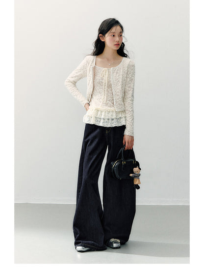 ANNATTO - Beige Apricot Faux Two-Piece Lace Long Sleeve Top & Blue Denim Pants Set