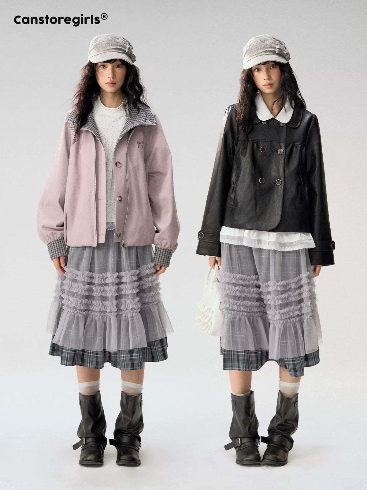 [CAN] "Gray Plaid Reverie" Gray Purple Plaid Mesh Layered Midi Skirt