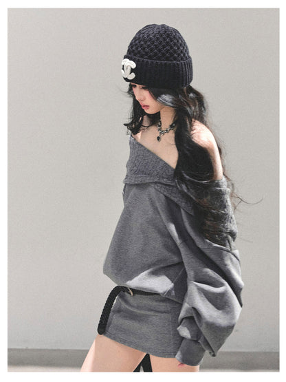少也眼 "Silent Gravity" Off-Shoulder Oversized Sweatshirt (with Belt)