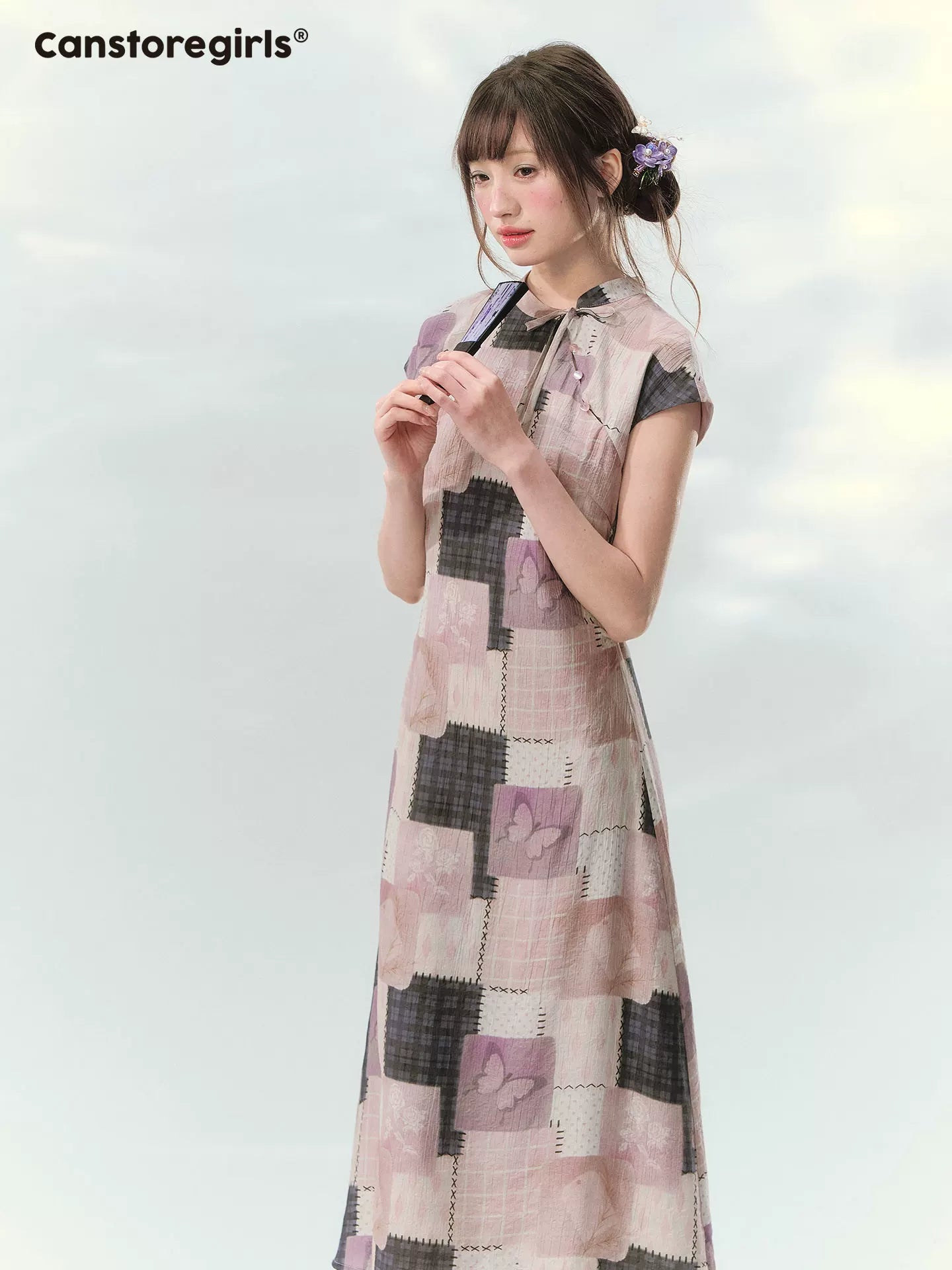 “Wisteria Poetry” Purple Patchwork Print Cheongsam Dress