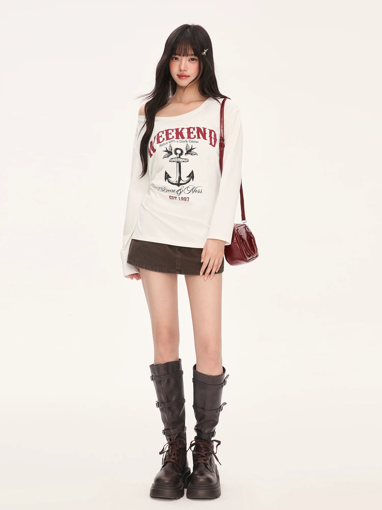 "Harbor Muse" White One-Shoulder Long Sleeve T-Shirt