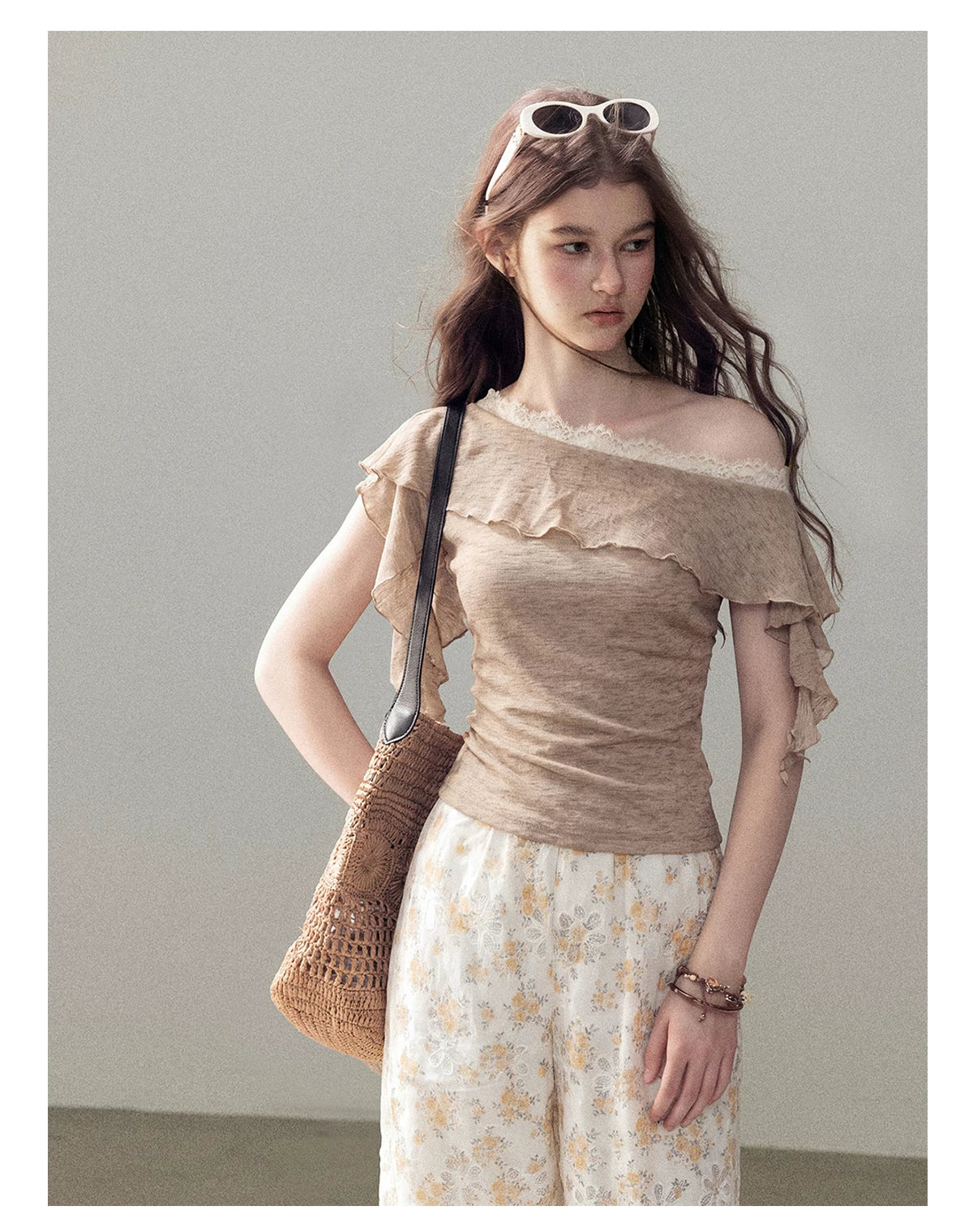 AOMALM - "A Cloud in Bloom" Primrose Yellow Floral Embroidered Lace Wide-Leg Pants