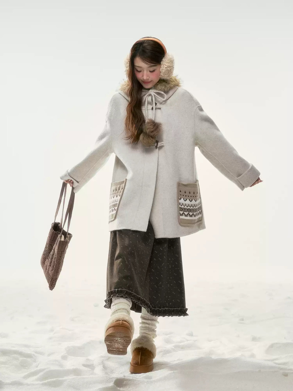 BIBIBENCY - Ivory 70% Wool Fair Isle Coat
