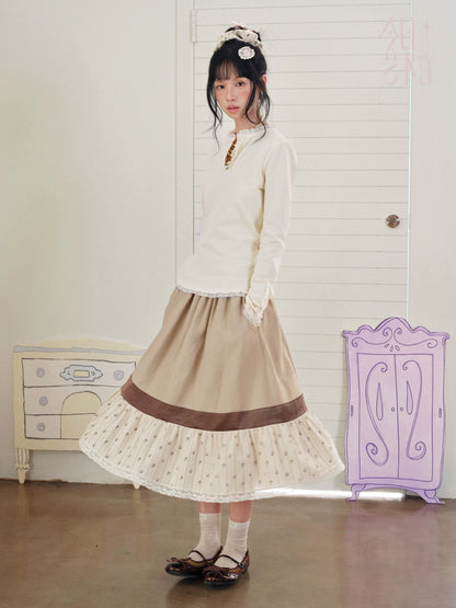 DAILY ARTIST - Cream Beige Henley Bubble Gauze Lace-Trim Top