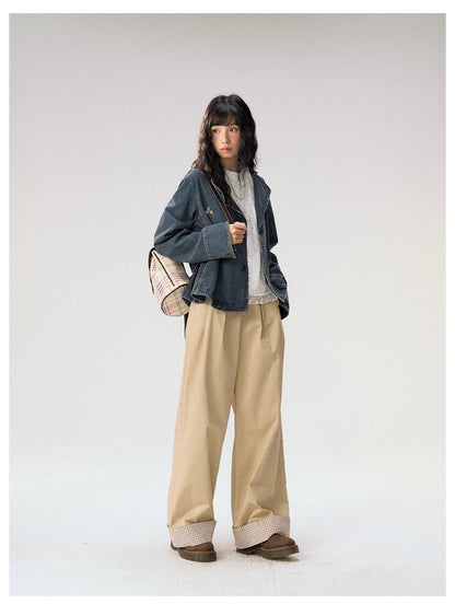 [CAN] "Strawberry Toast" Khaki Plaid Cuff Wide-Leg Pants