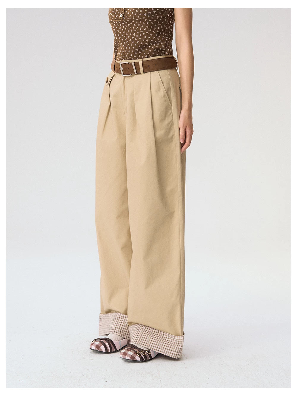[CAN] "Strawberry Toast" Khaki Plaid Cuff Wide-Leg Pants
