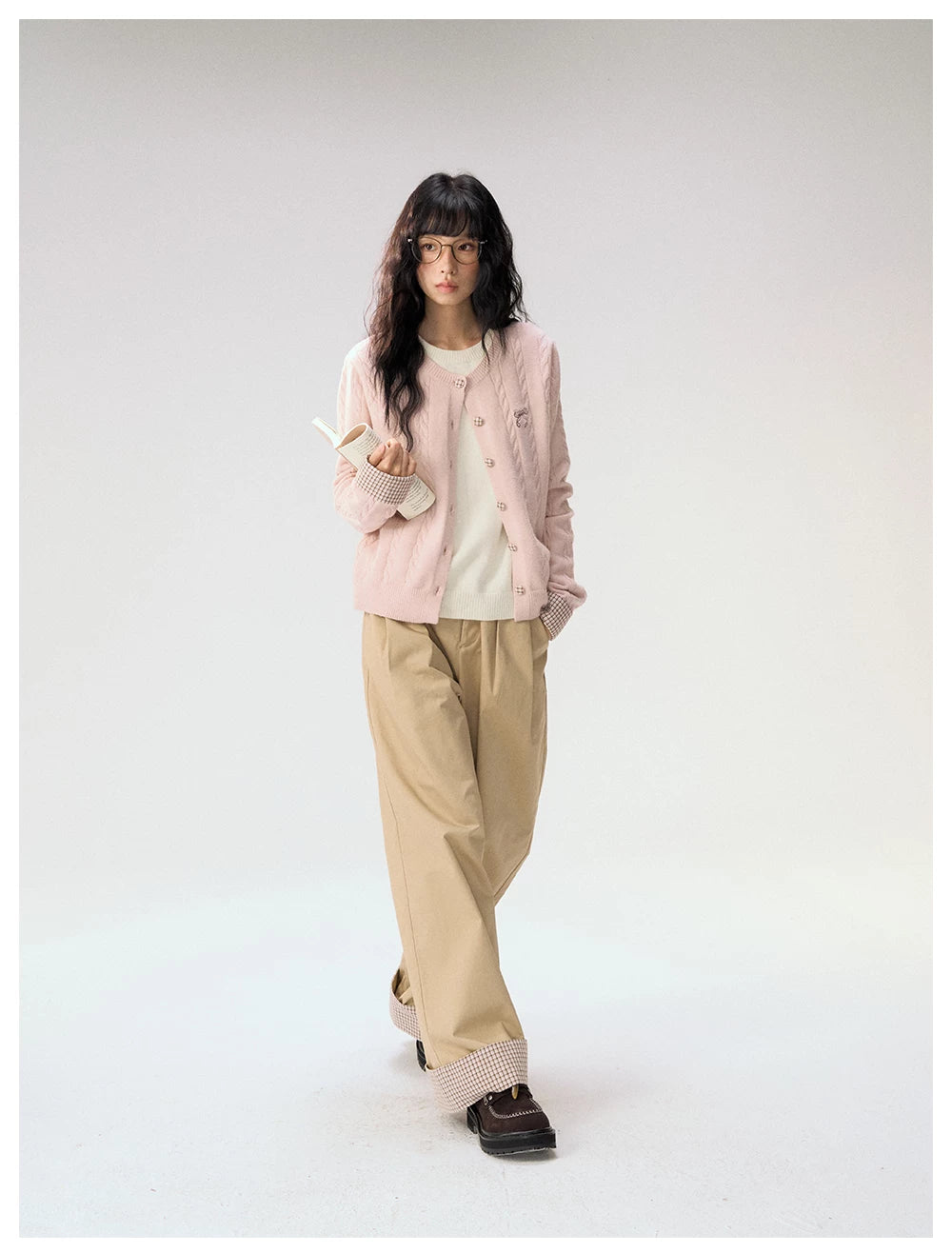 [CAN] "Strawberry Toast" Khaki Plaid Cuff Wide-Leg Pants