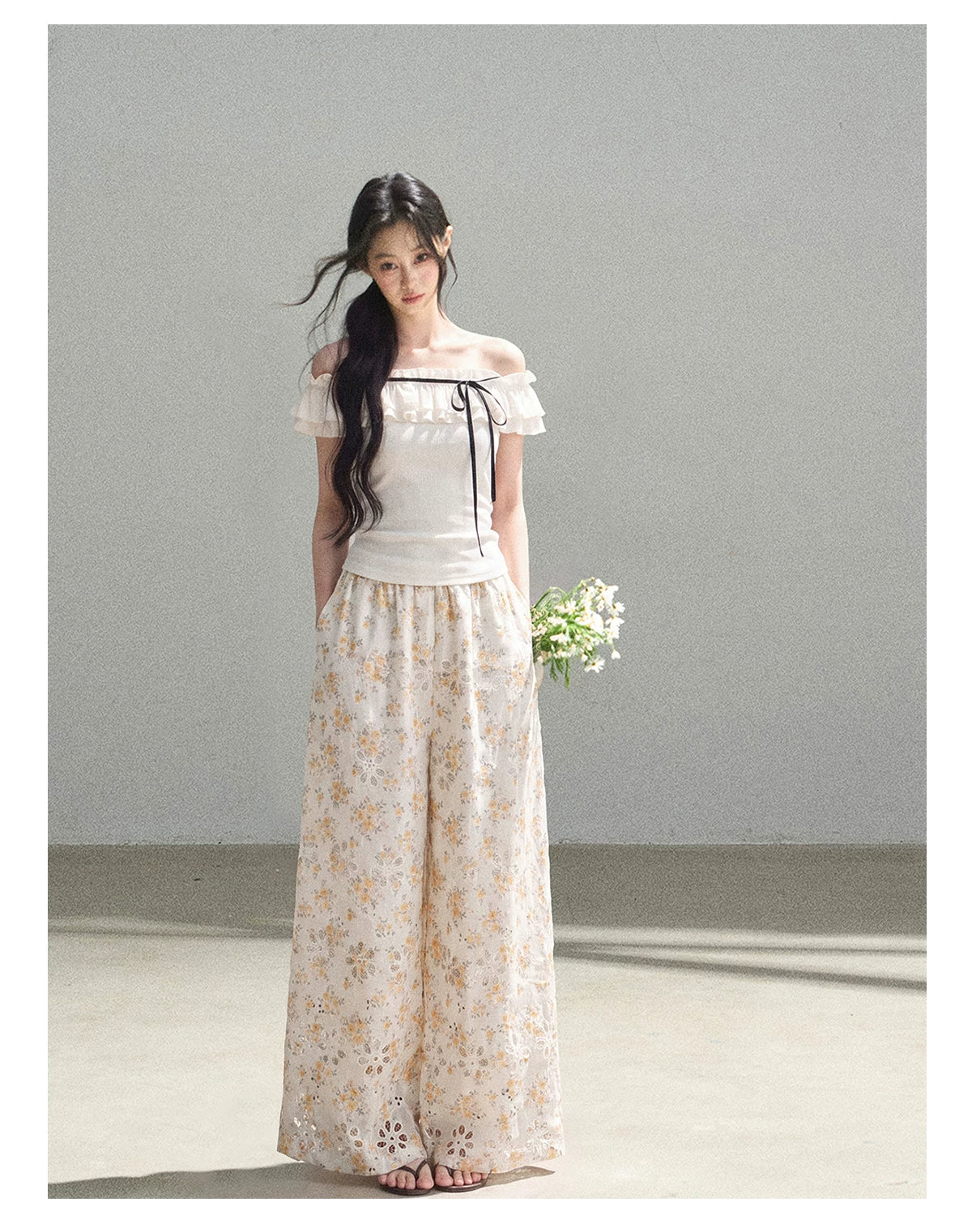 AOMALM - "A Cloud in Bloom" Primrose Yellow Floral Embroidered Lace Wide-Leg Pants