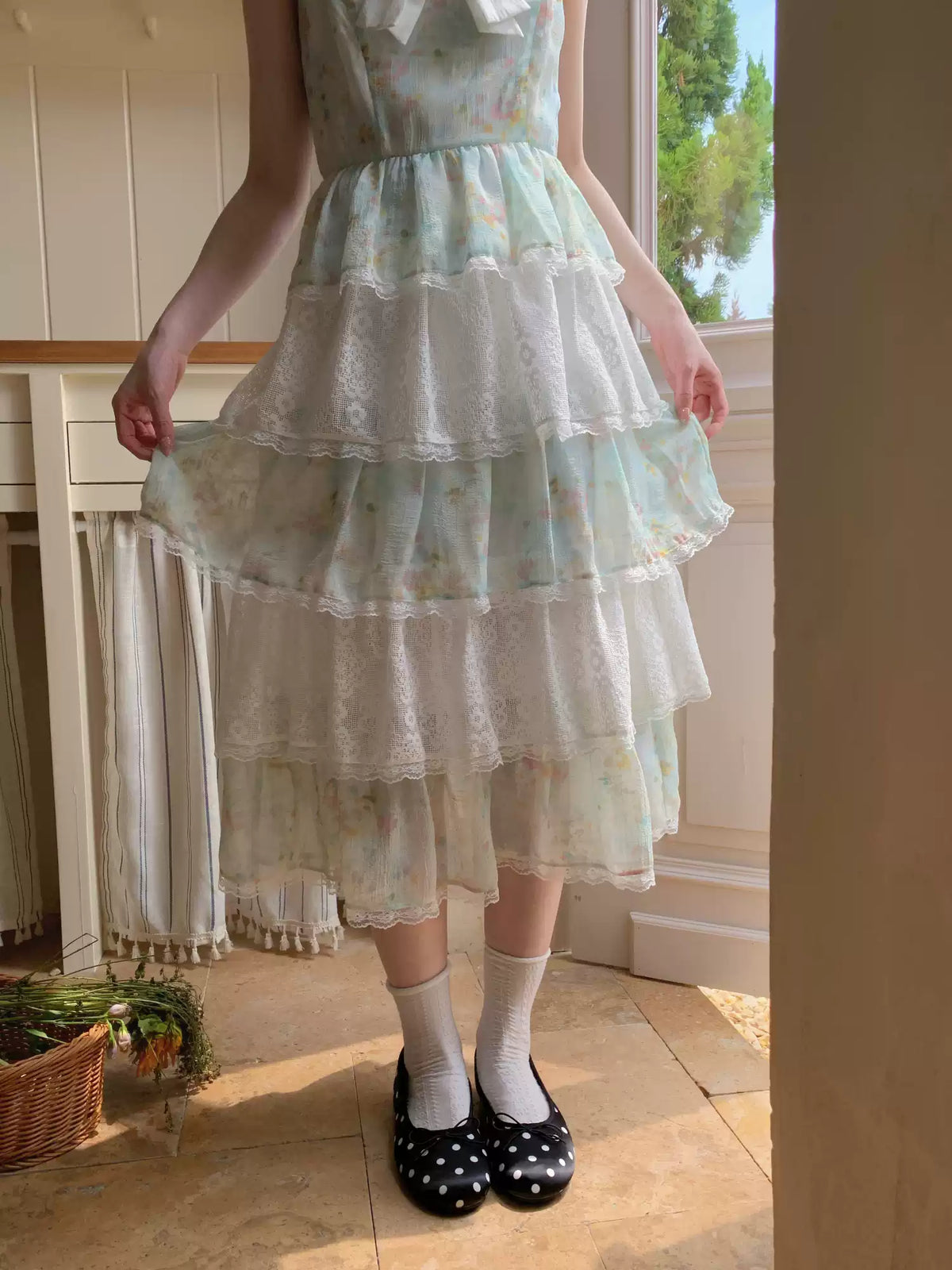 [RF] “Meadow Lilt” Light Green Floral Lace-Trim Tiered Maxi Dress