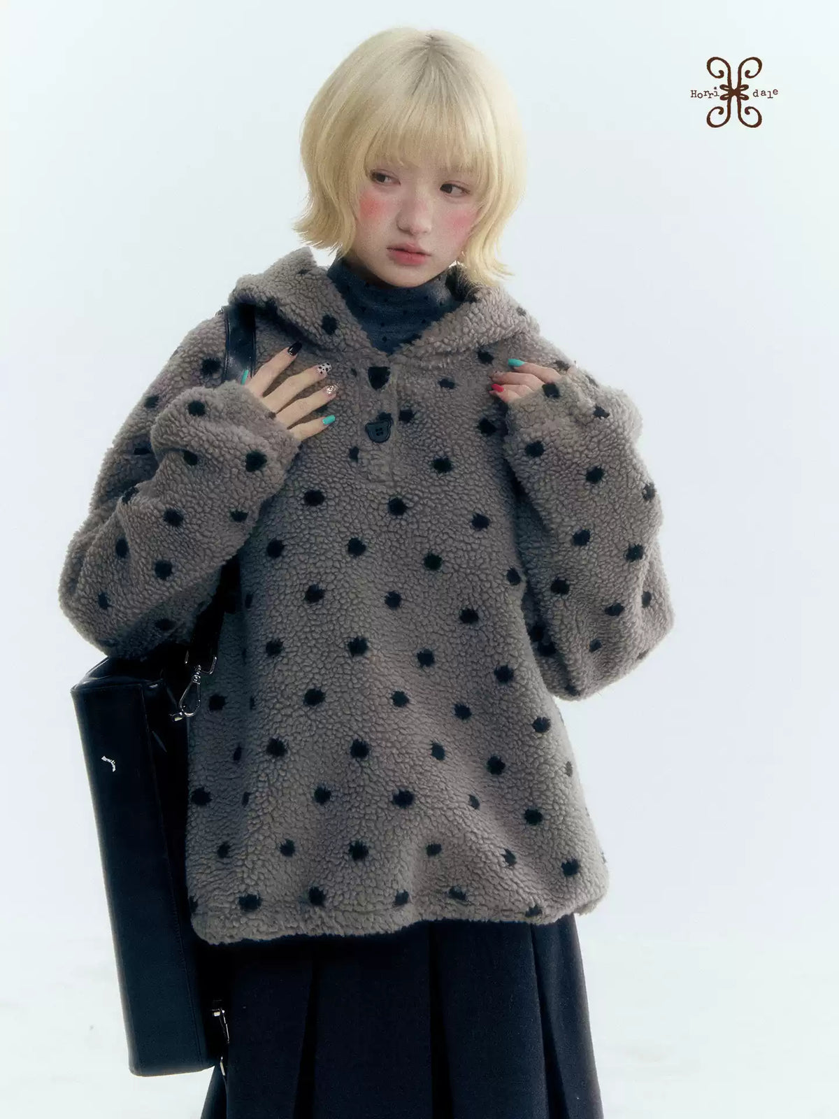 Horridale - Pink Black Polka Dot Sherpa Fleece Hoodie with Bunny Ears