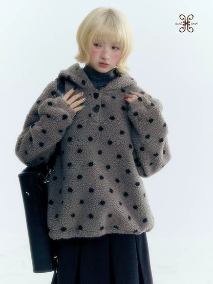 Horridale - Pink Black Polka Dot Sherpa Fleece Hoodie with Bunny Ears