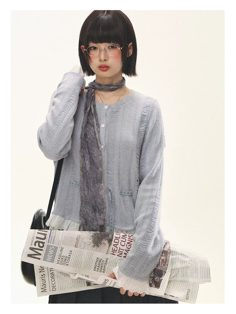 "Wisteria Whisper" Open-Knit Lace Tie Cardigan (Wisteria/ Ivory)