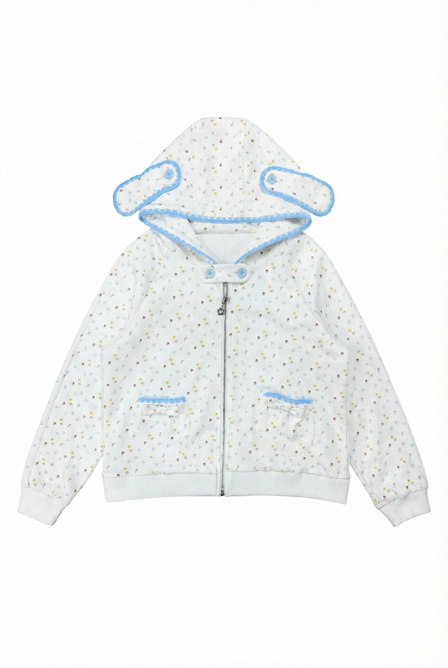 “Snow Bunny Reverie” Ivory Rabbit Ear Hoodie & Floral Pleated Mini Skirt