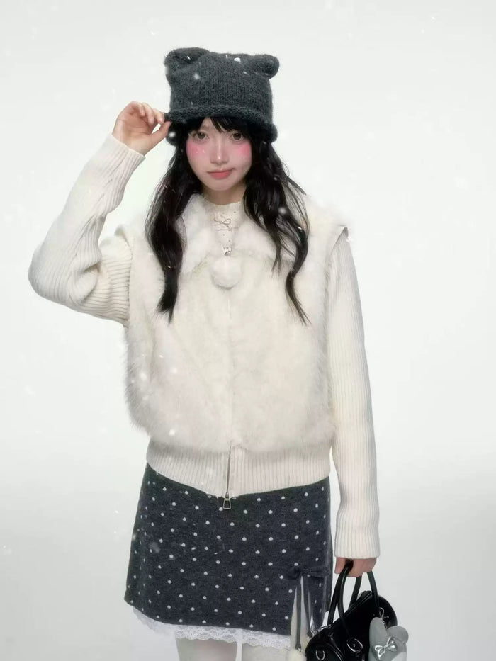 BIBIBENCY - Ivory Faux Fur Vest with Knit Sleeves