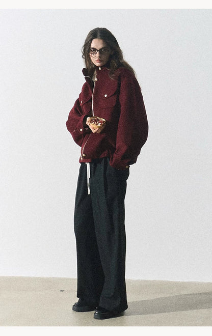OAKMOO/ "Plum Blossom Mood" Angora Red Wool-Blend Harrington Jacket