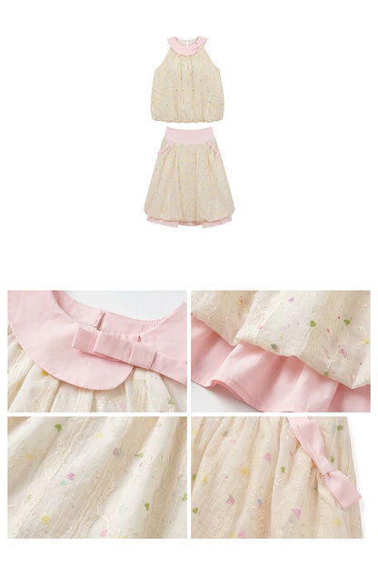 “Peach Cream Brioche” Cream Apricot Floral Bubble Skirt Set