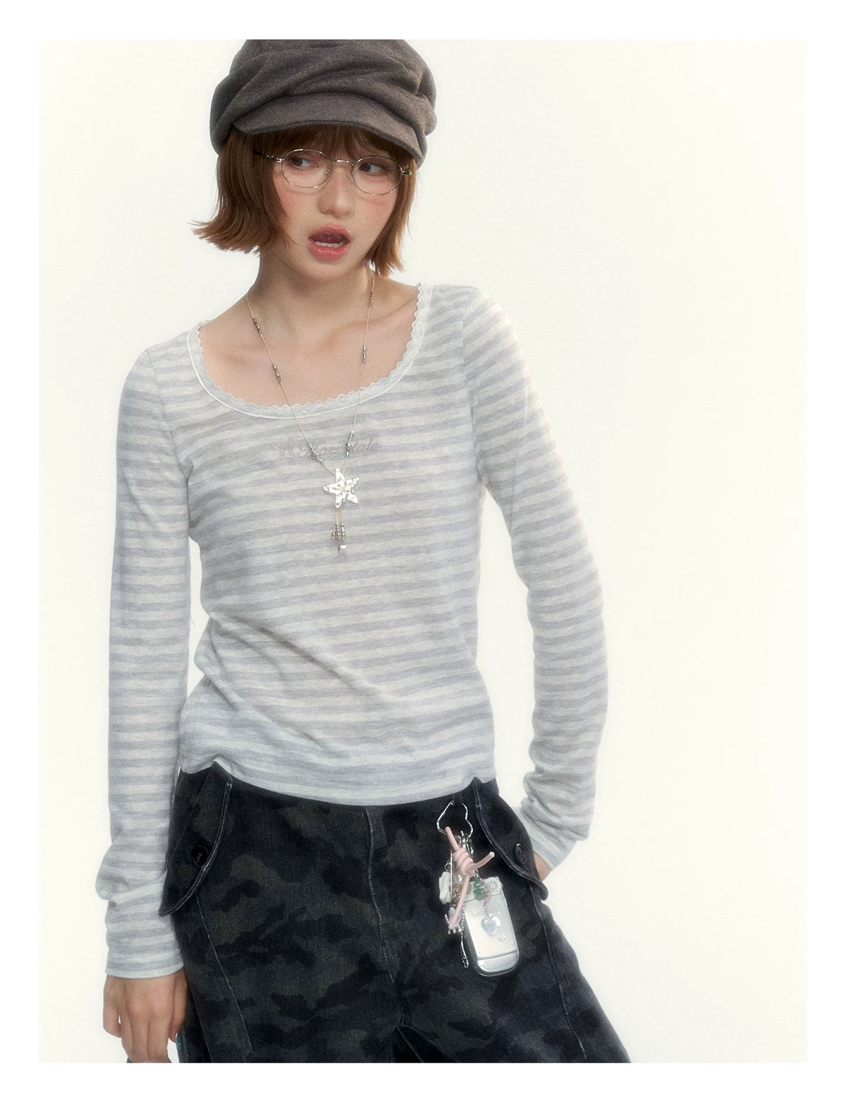 “Early Gray” Light Gray Striped Lace-Trimmed Fitted Long-Sleeve Top