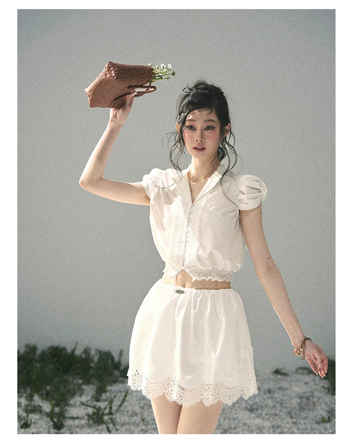 "Rose Petals in Secret" Cloud White Lace Two-Piece Skirt Set 142453
