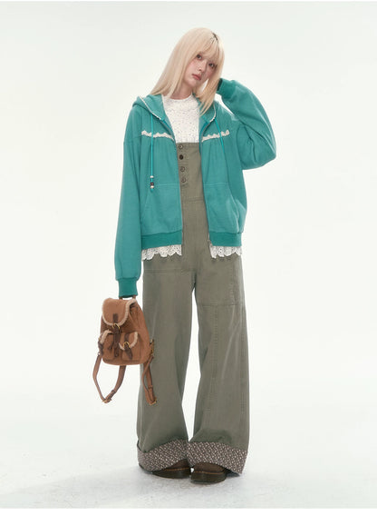 [CAN] Green Lace-Trim Waffle Knit Zip-Up Hoodie