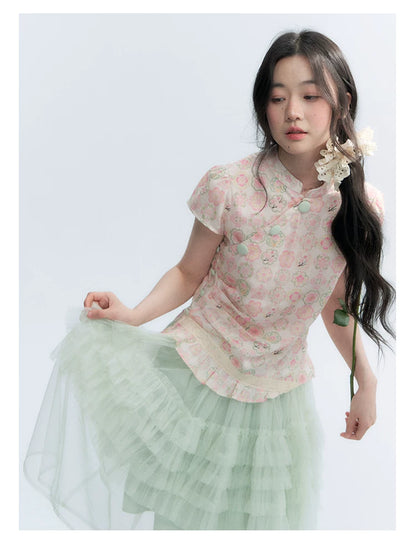 "Lime Mille-Feuille Glow" Peach Mist Chinese-Inspired Short Sleeve Top & Lime Green Tulle Tiered Skirt Set