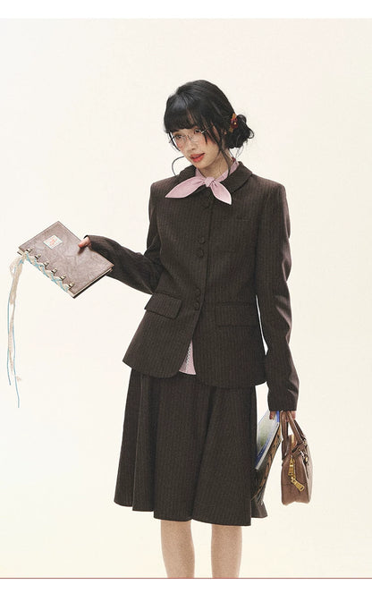 "Academy Memoir" Chocolate Brown Stripe Blazer & Pleated Skirt Set