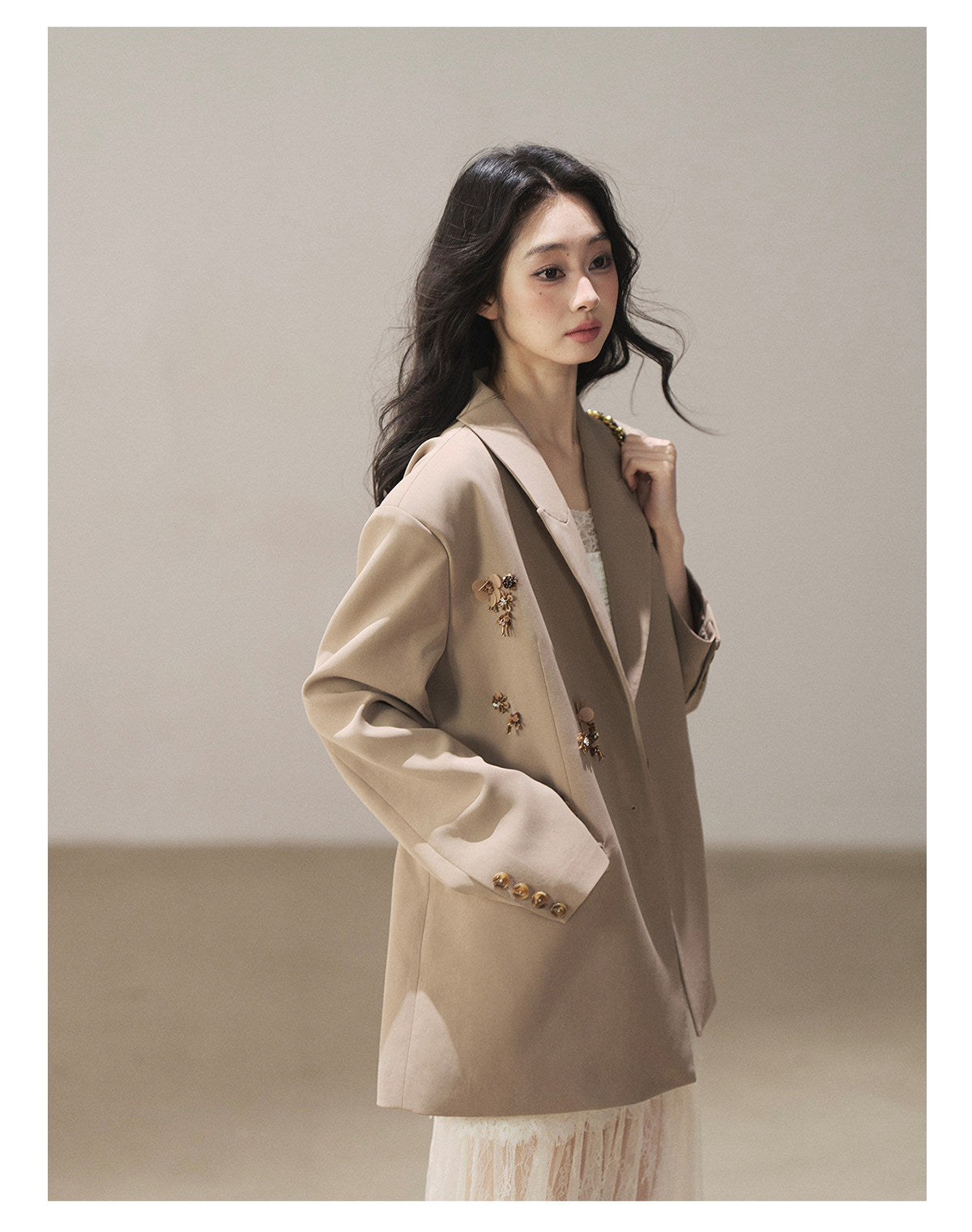 170726 "Your Open Meadow" Cream Apricot White Lace Slip Dress + Gray Taupe Tailored Blazer