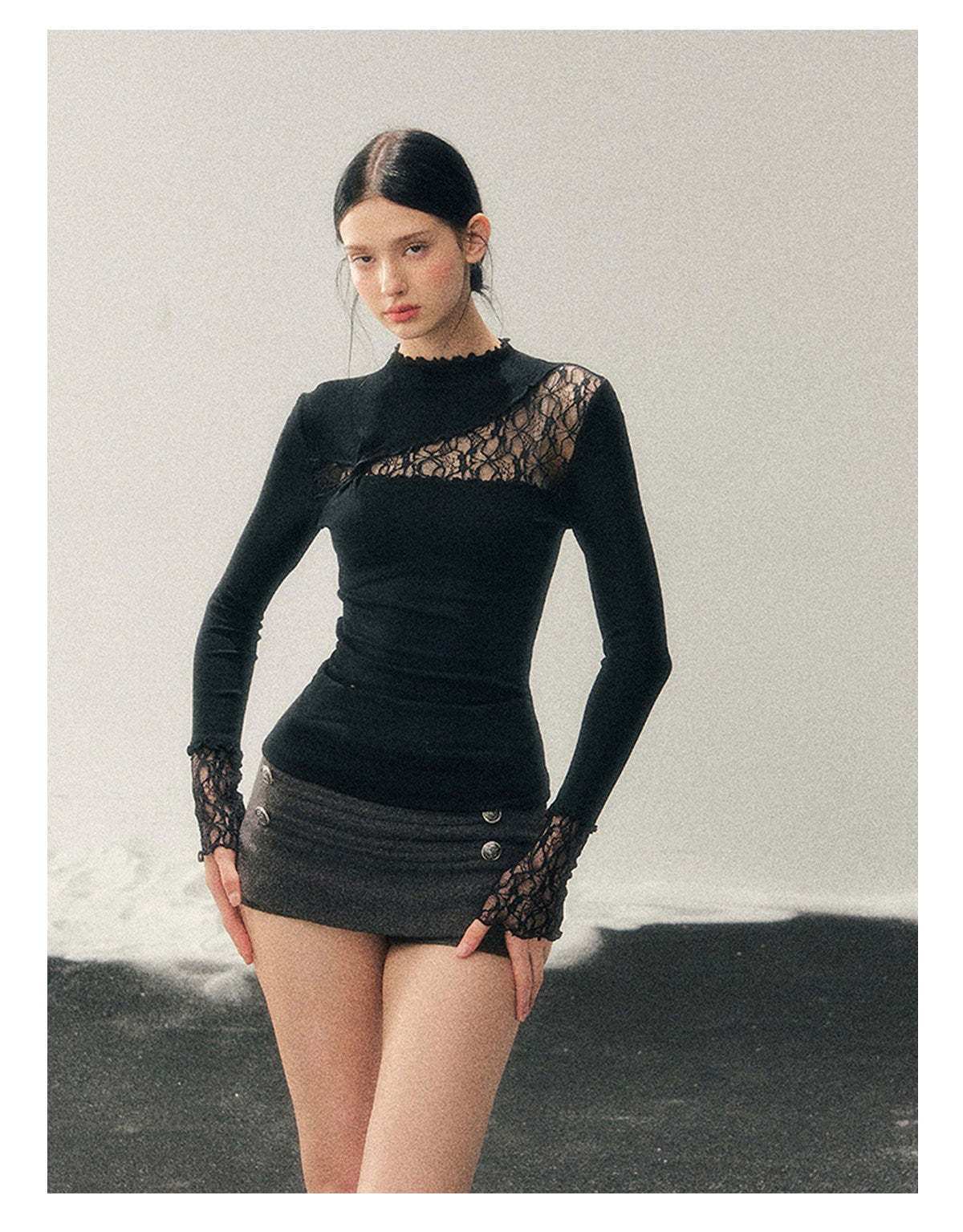 少也眼 “Interplay of Illusion” Semi-High Neck Lace Cutout Top - Black
