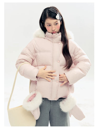 "Snowland Sprite" Peach Blush Lilac Hooded Down Jacket with Detachable Faux Fur Trim & Gloves