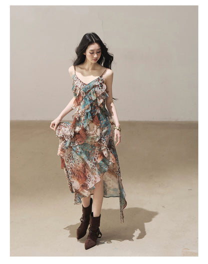 "She Never Looks Back" Peacock Blue Leopard Chiffon Maxi Dress