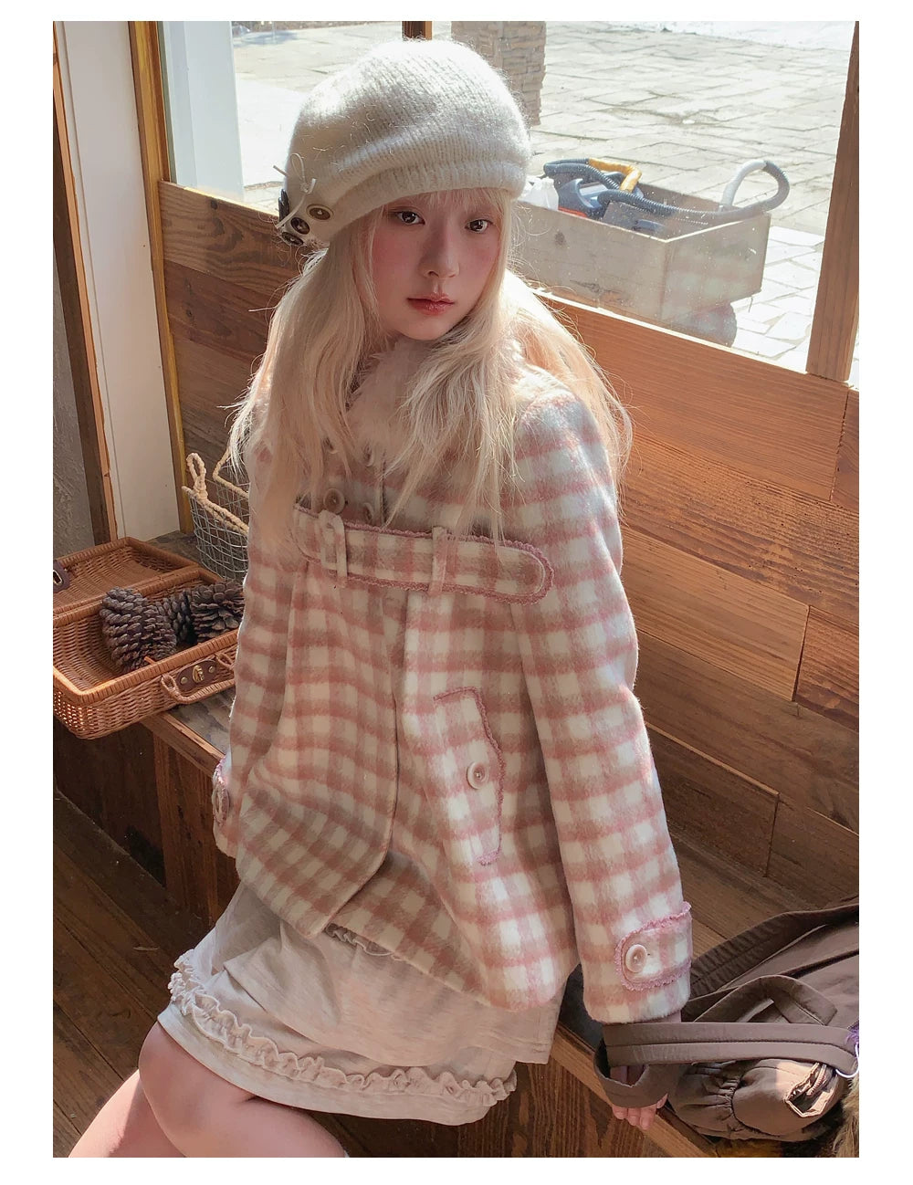 RF - Dusty Pink Plaid Wool-Look Coat with Detachable Fur Collar