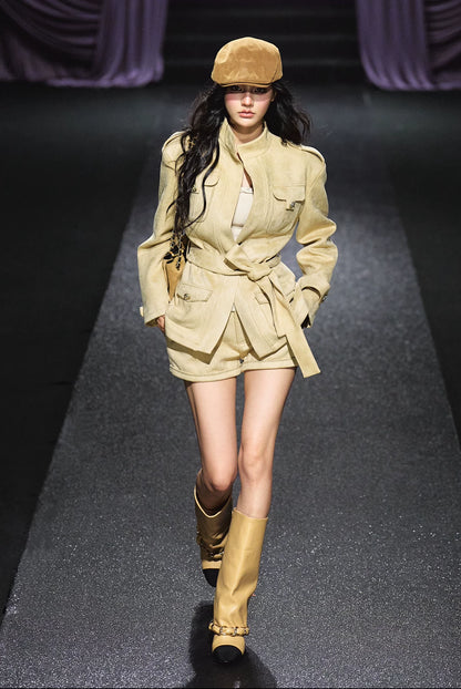 "Golden Dune" Khaki Faux Suede Jacket & Tailored Shorts Set
