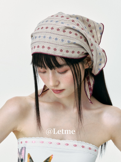 Beige Floral Print Triangle Headscarf – Vintage Neckerchief Bandana