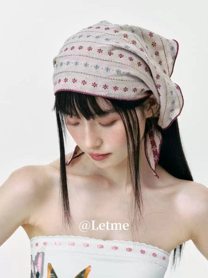 Beige Floral Print Triangle Headscarf – Vintage Neckerchief Bandana