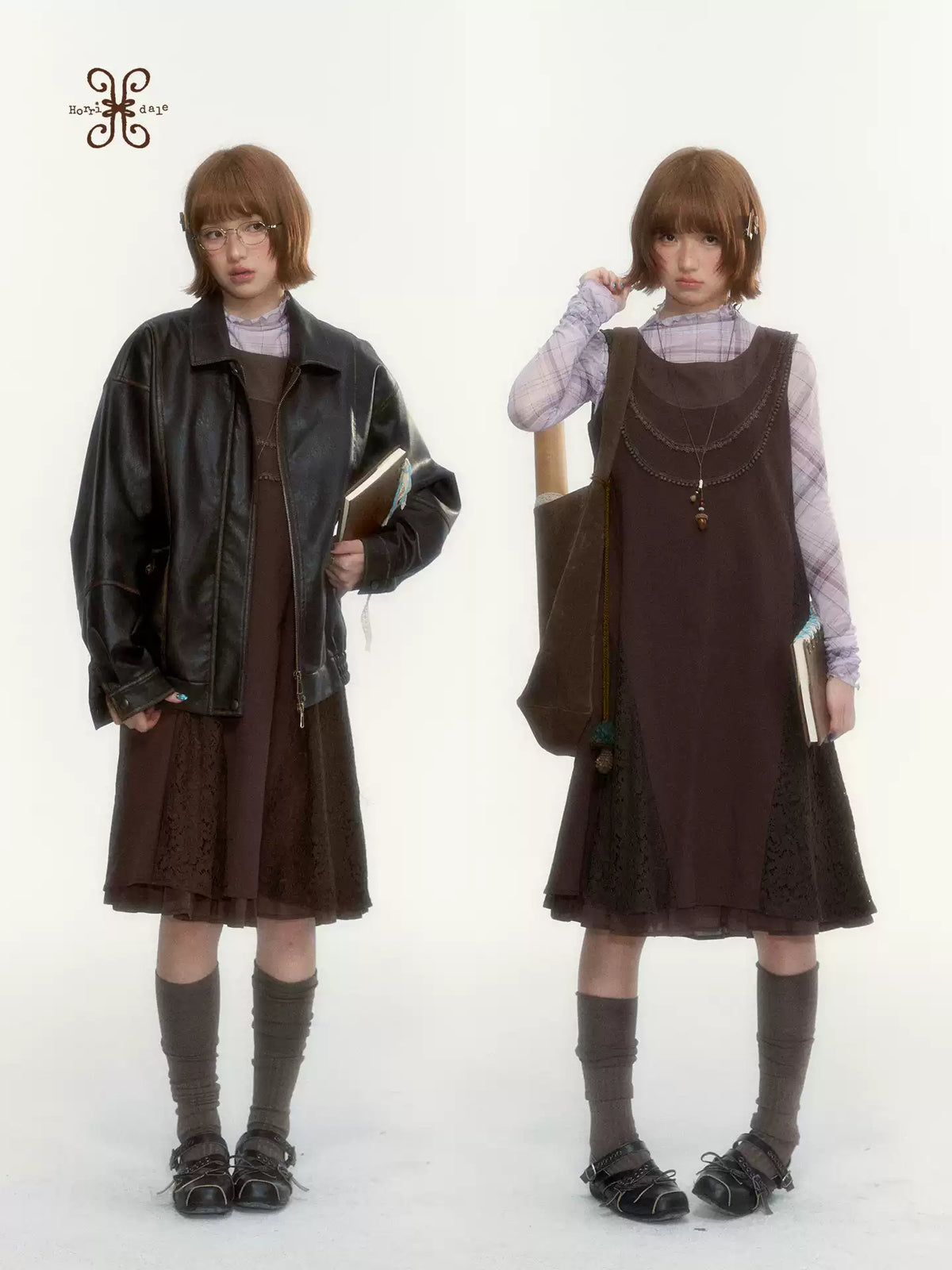 "Caramel Afterglow" Cocoa Brown Lace-Trim A-Line Dress Set with Purple Plaid Layering Top