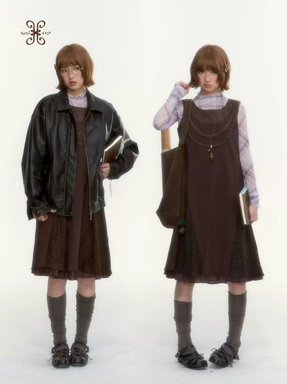 "Caramel Afterglow" Cocoa Brown Lace-Trim A-Line Dress Set with Purple Plaid Layering Top