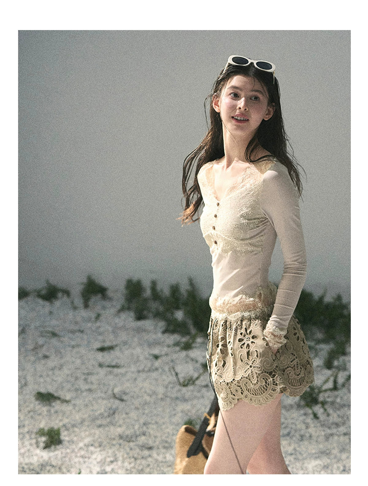 “Traces Left by the Wind” Ash Ivory Lace V-Neck Top