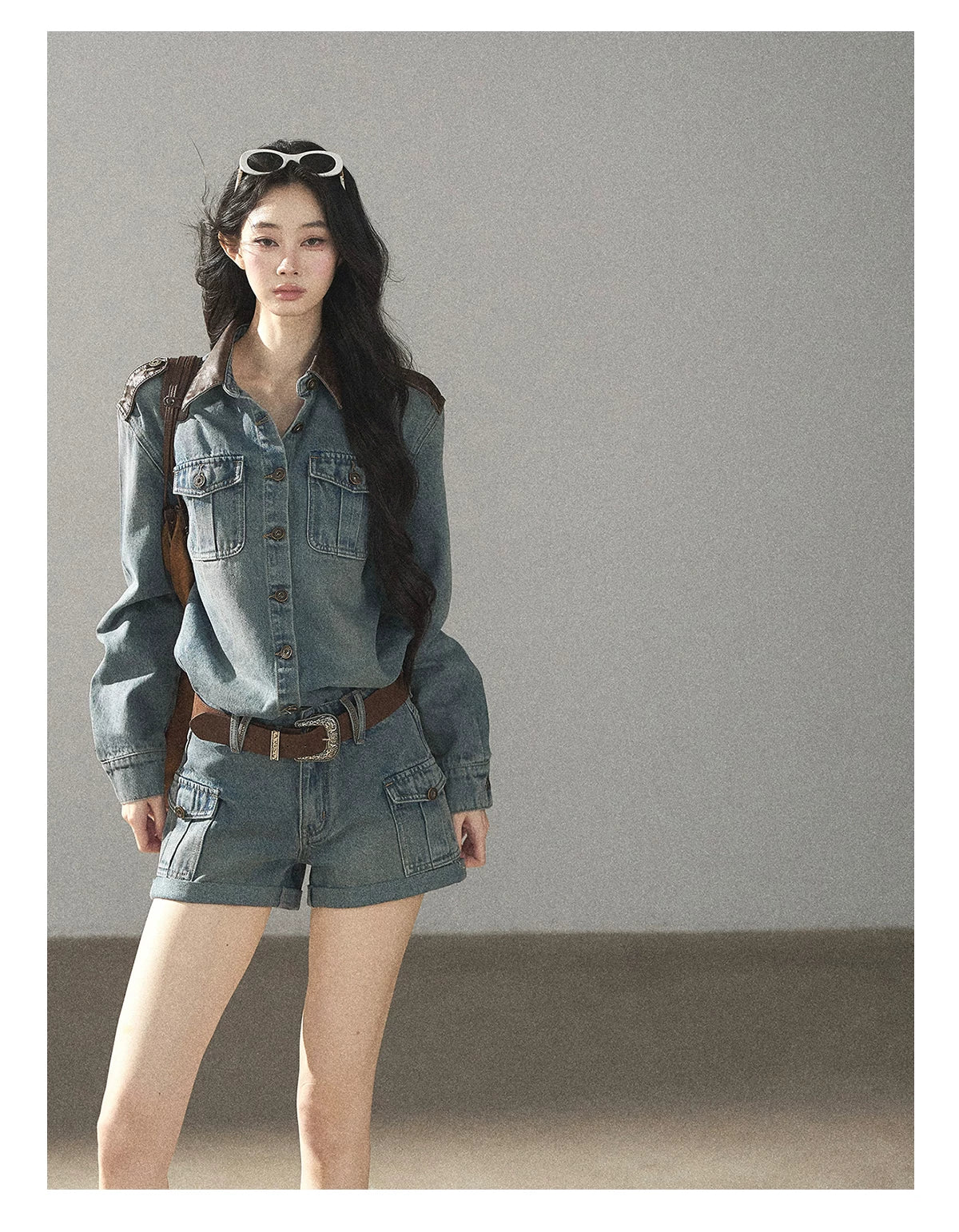 AOMALM - "Borrowed Sunshine" Vintage Blue Denim Commuter Set (Top + Shorts with Belt)