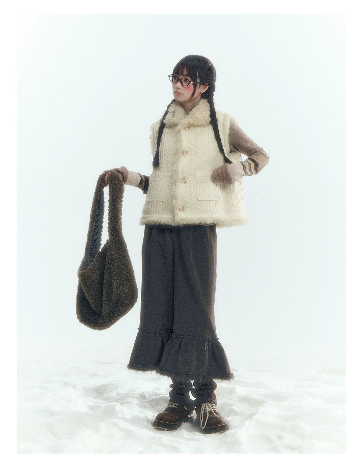 Horridale - Cream Beige Reversible Knit Vest with Detachable Bow