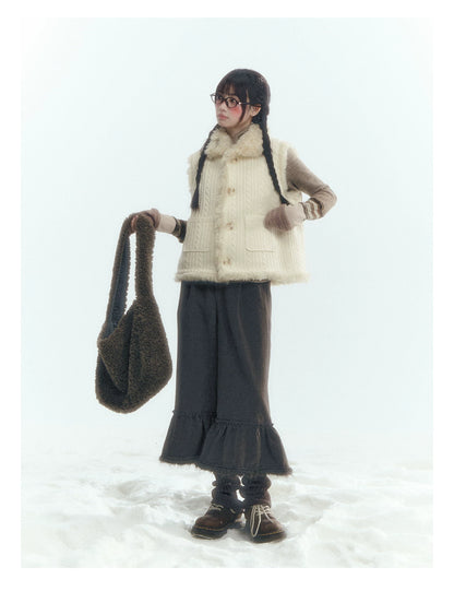 Horridale - Cream Beige Reversible Knit Vest with Detachable Bow