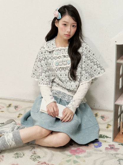 [RF] Mist Gray Argyle Jacquard Cropped Poncho-Style Pullover with Lace Trim
