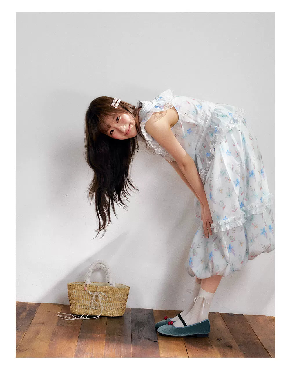 “Mint Blossom Isle” Blue Lace Trim Top & Bubble Hem Skirt