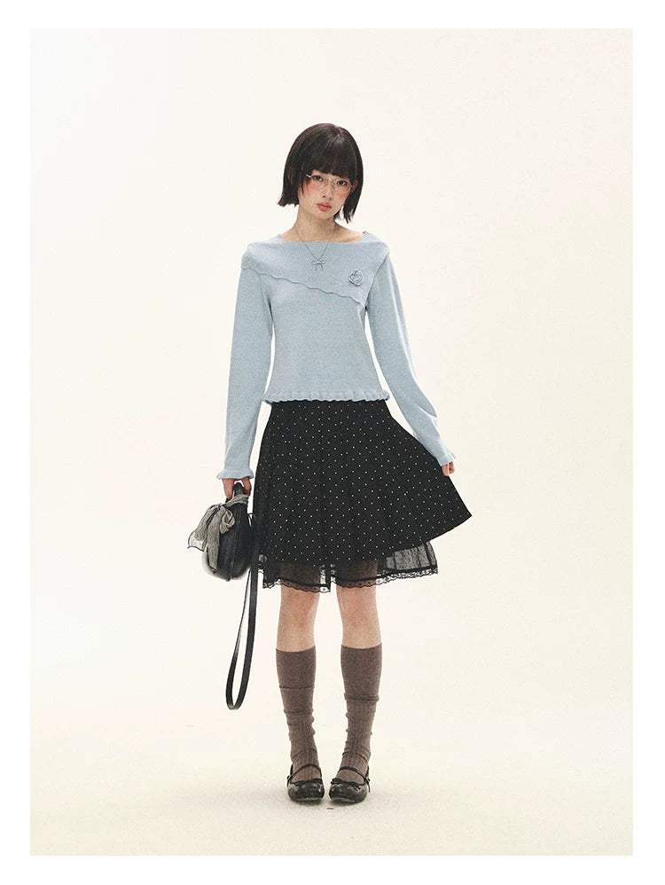 "Polka Reverie" Black Polka Dot Bow Pleated Mini Skirt