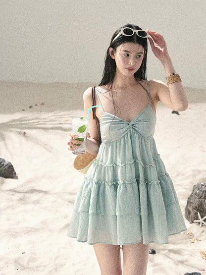 "Mossy Stone Steps" Primrose Green Tiered Cami Mini Dress